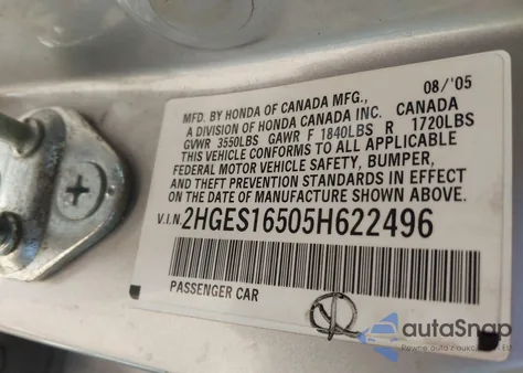 2005 Honda Civic Lx from USA, damaged, VIN 2HGES16505H622496